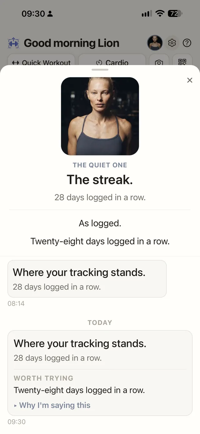 The Quiet One — the streak: 28 days logged in a row, said once
