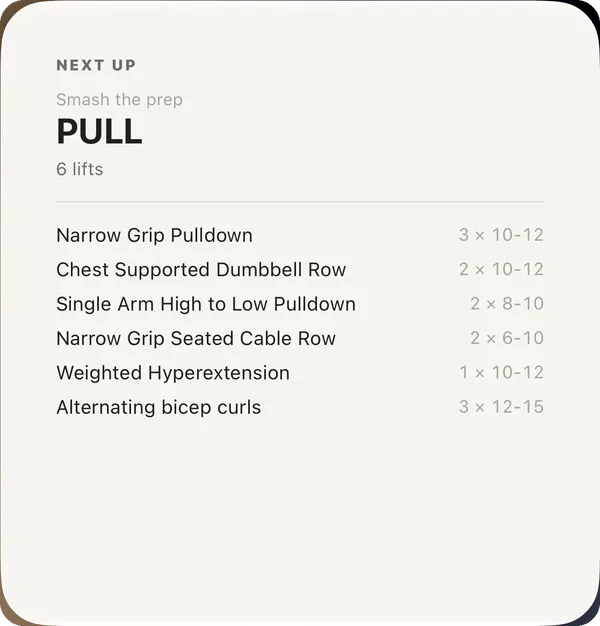 Next Up widget — today's session, the lifts and their sets, on this workout screen
