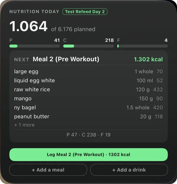 Nutrition widget — kcal eaten of planned, macros, the next meal with its foods, and the one-tap log button, on this workout screen