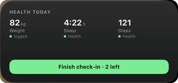 Health widget — weight, sleep and steps, and the check-in still open, on this workout screen