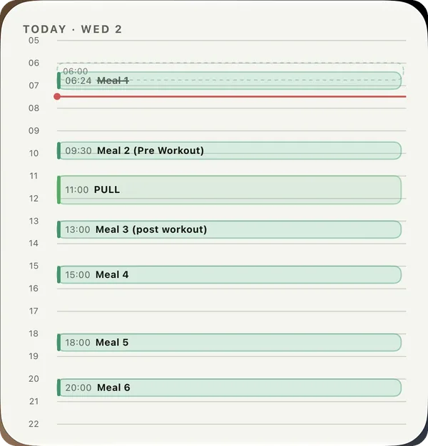 Day planner widget — the day on an hour axis, meals and sessions in place, on this workout screen