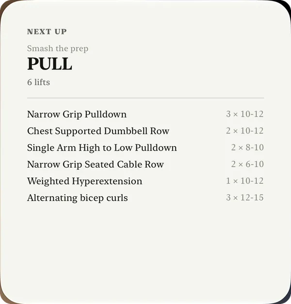 Next Up widget — today's session, the lifts and their sets, on this workout screen