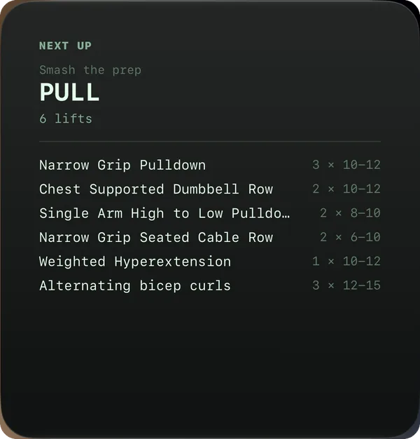 Next Up widget — today's session, the lifts and their sets, on this workout screen