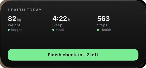 Health widget — weight, sleep and steps, and the check-in still open, on this workout screen