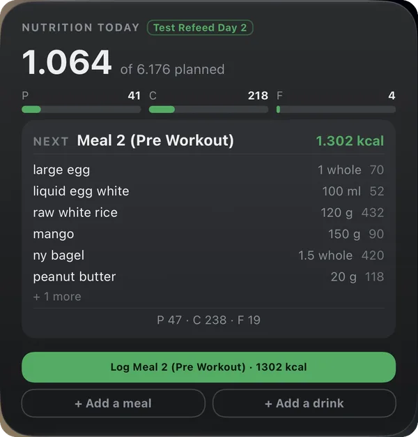 Nutrition widget — kcal eaten of planned, macros, the next meal with its foods, and the one-tap log button, on this workout screen