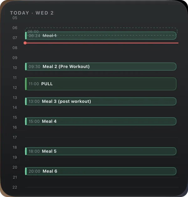 Day planner widget — the day on an hour axis, meals and sessions in place, on this workout screen