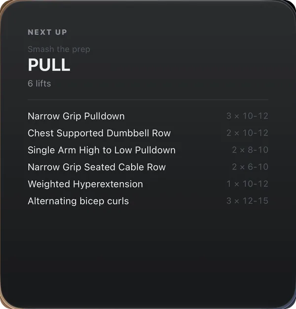 Next Up widget — today's session, the lifts and their sets, on this workout screen