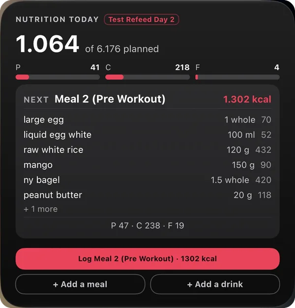 Nutrition widget — kcal eaten of planned, macros, the next meal with its foods, and the one-tap log button, on this workout screen
