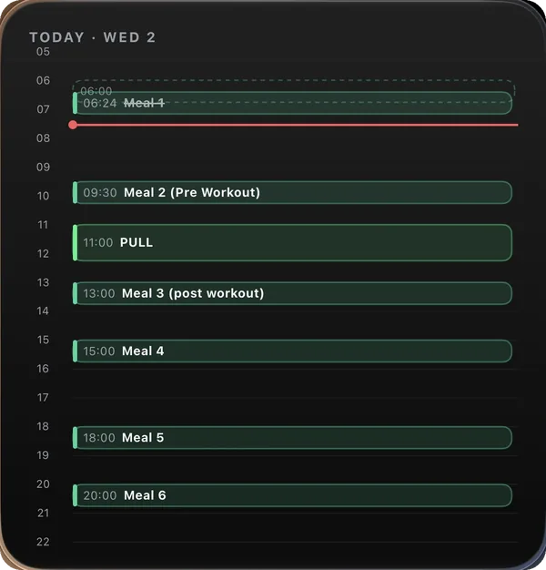 Day planner widget — the day on an hour axis, meals and sessions in place, on this workout screen